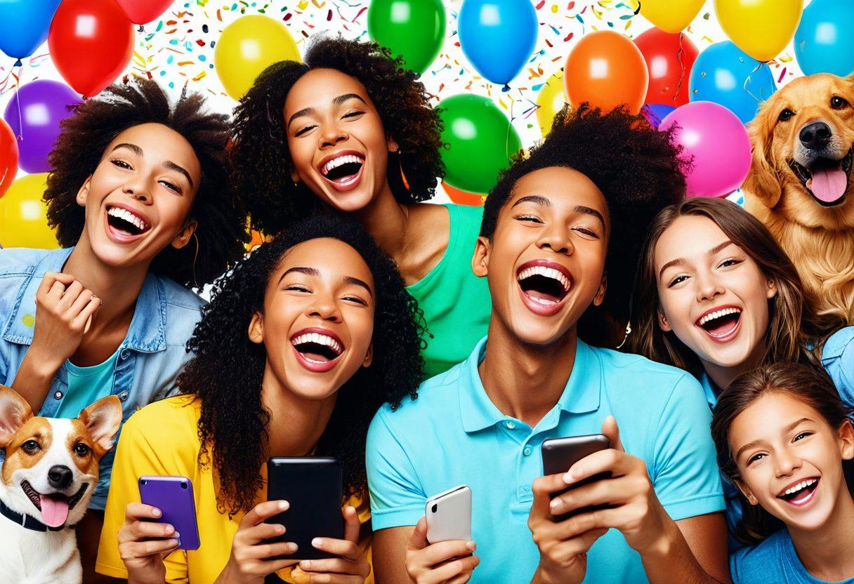 A vibrant collage of joyful moments featuring various people laughing and enjoying amusing video clips on their devices. Brightly colored backgrounds with playful elements like confetti, balloons, and cartoon characters expressing happiness. Integrate playful pets and cheerful children engaging with videos to enhance the feeling of joy. super-realistic. vibrant colors. white background.