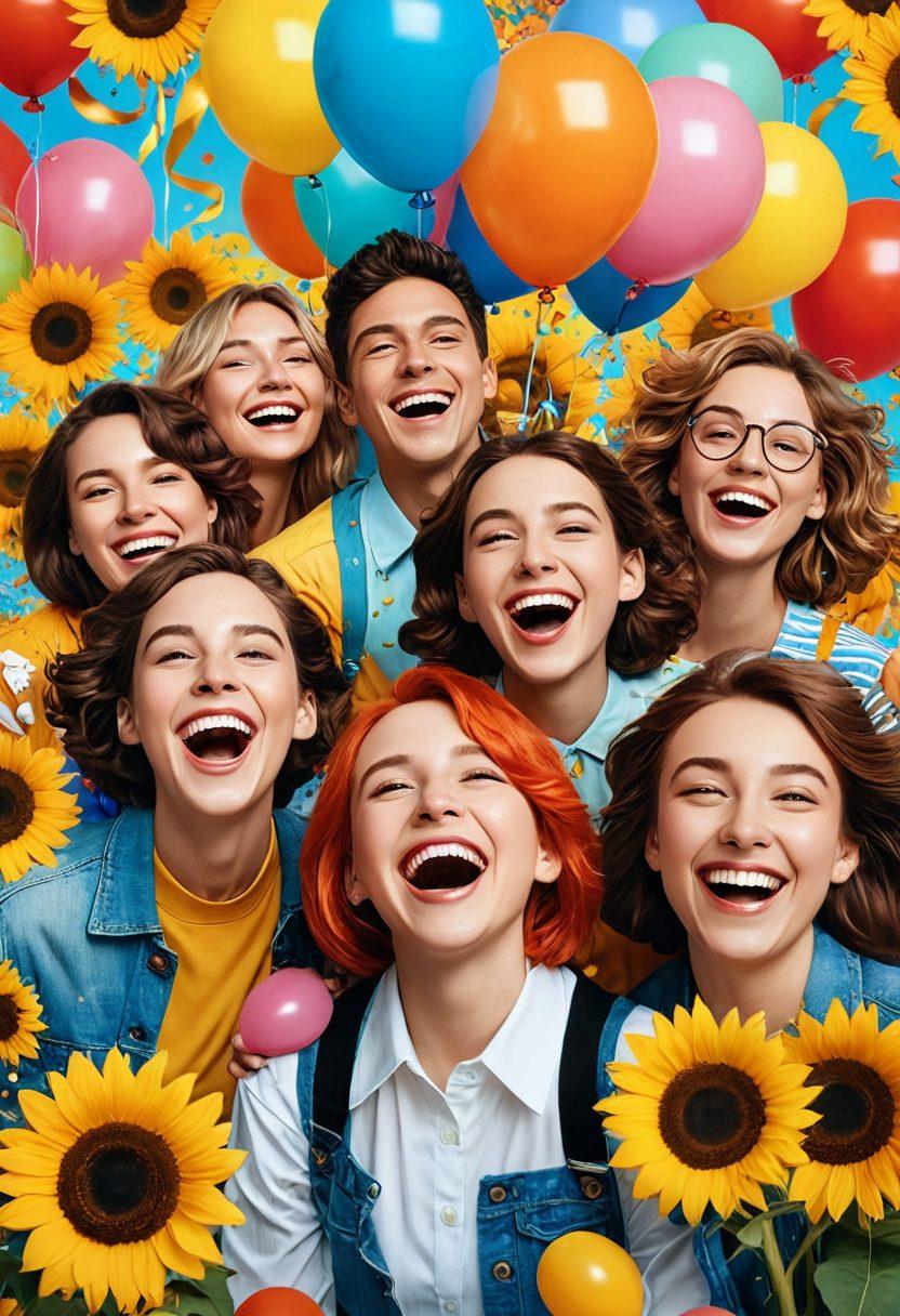 A vibrant collage of joyful moments from various short films, featuring cheerful characters laughing, bright colors bursting from the scenes, and whimsical elements like balloons and confetti. Include film reels interwoven with sunflowers and smiling faces, showcasing a sense of warmth and happiness. An ethereal background with soft clouds to evoke uplifting feelings. cartoon style. bright and vivid colors. playful composition.