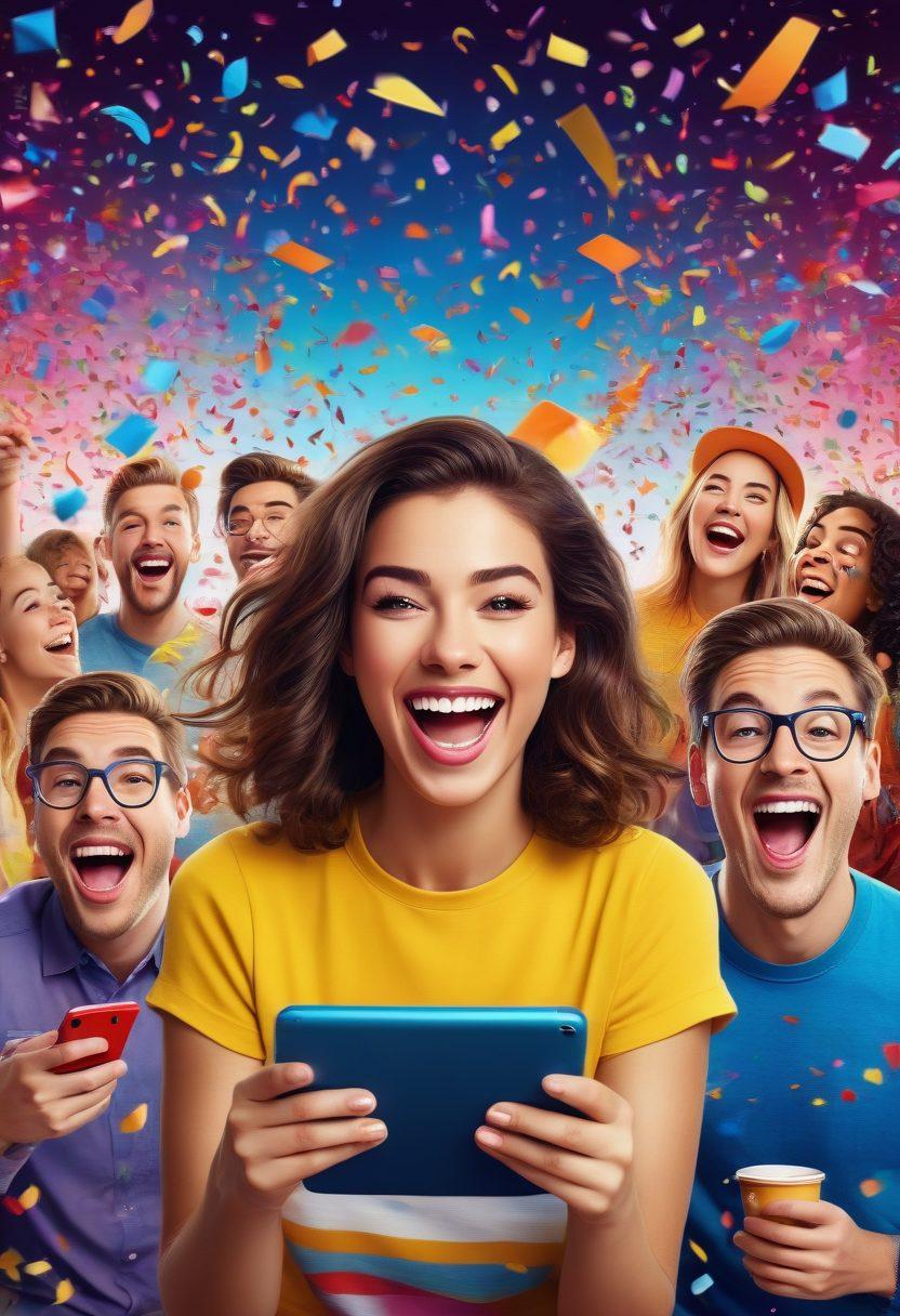 A vibrant collage of people laughing and enjoying various amusing video segments, showcasing diverse individuals engaged in watching funny moments on their devices. Include elements of animated emotions like exaggerated smiles, colorful confetti, and playful graphics that evoke joy. The background should be lively with a burst of colors, suggesting a fun and entertaining atmosphere. cartoonish style. bright colors. dynamic composition.
